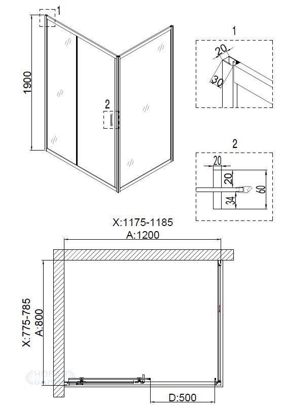 Душевое ограждение NG- 6612-08 (120*80*190) прямоугольник, двери раздвижные, 2 места